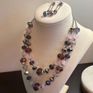 Vintage Signed Crown Trifari Multi-Color Beaded Necklace with earrings.